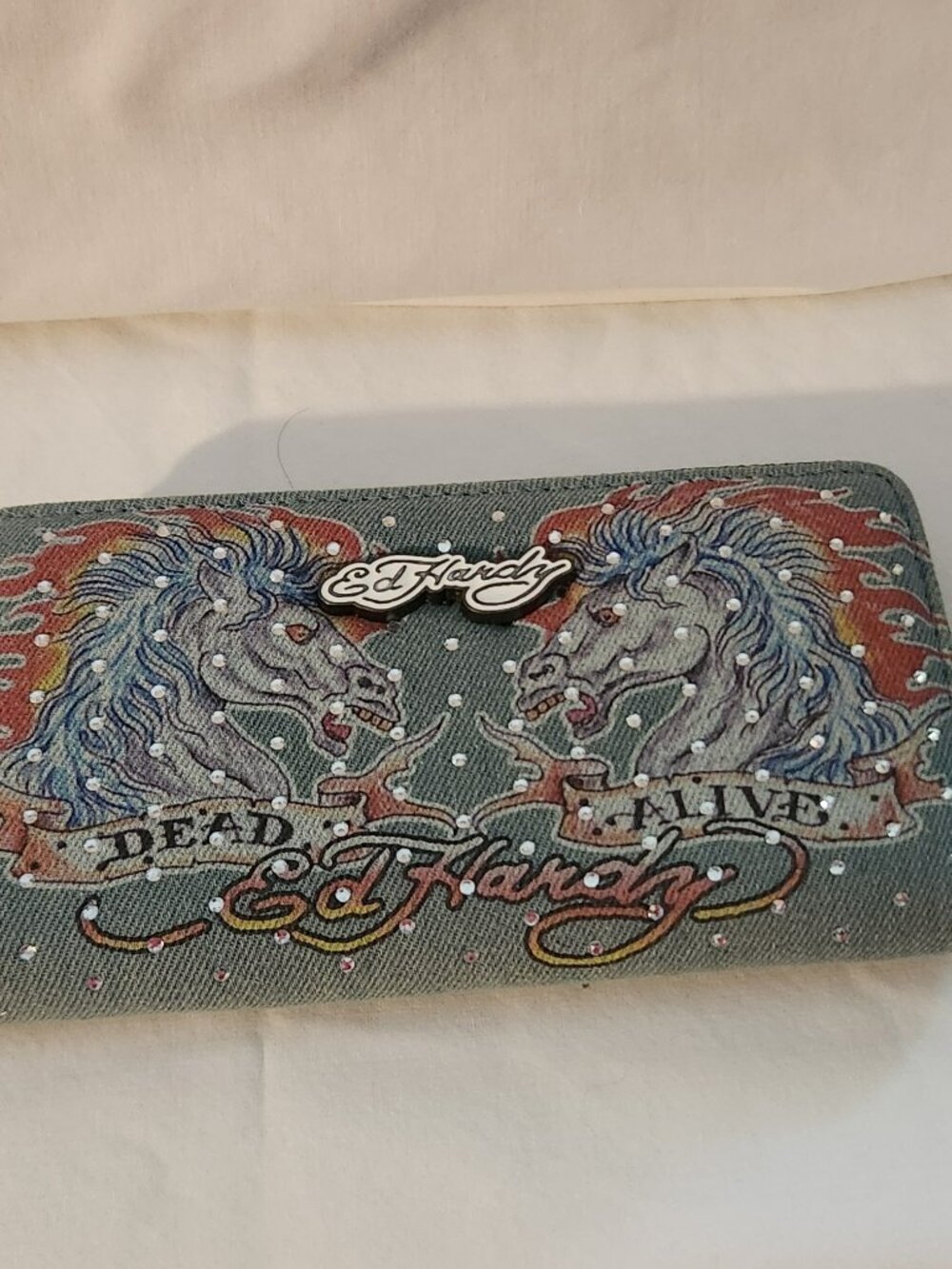 Ed Hardy wallet wristlet zip around gray colorful print faux crystal studs NWT